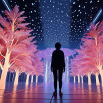 A person fully immersed in a hyper-realistic virtual art gallery within the metaverse. The scene features glowing digital trees with shimmering leaves, dynamic light particles, and interactive, flowing art pieces that respond to the viewer's movement. The atmosphere is surreal and dreamlike, with vibrant volumetric lighting, emphasizing a profound sense of being *inside* the artwork. Cinematic, high detail, unreal engine 5, octane render.