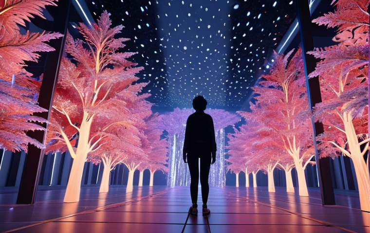 A person fully immersed in a hyper-realistic virtual art gallery within the metaverse. The scene features glowing digital trees with shimmering leaves, dynamic light particles, and interactive, flowing art pieces that respond to the viewer's movement. The atmosphere is surreal and dreamlike, with vibrant volumetric lighting, emphasizing a profound sense of being *inside* the artwork. Cinematic, high detail, unreal engine 5, octane render.