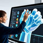 A professional digital artist, fully clothed in a modest, contemporary studio outfit, meticulously working on a large holographic display. Their well-formed hands, with proper finger count, are gesturing over a tablet, creating vibrant, dynamic interactive illustrations. The studio is clean, modern, and filled with soft, natural light, reflecting innovation and creativity. Perfect anatomy, correct proportions, natural pose, professional photography, high quality, safe for work, appropriate content, family-friendly.