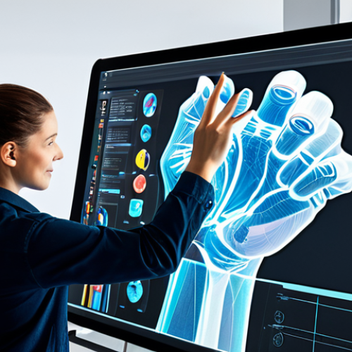 A professional digital artist, fully clothed in a modest, contemporary studio outfit, meticulously working on a large holographic display. Their well-formed hands, with proper finger count, are gesturing over a tablet, creating vibrant, dynamic interactive illustrations. The studio is clean, modern, and filled with soft, natural light, reflecting innovation and creativity. Perfect anatomy, correct proportions, natural pose, professional photography, high quality, safe for work, appropriate content, family-friendly.