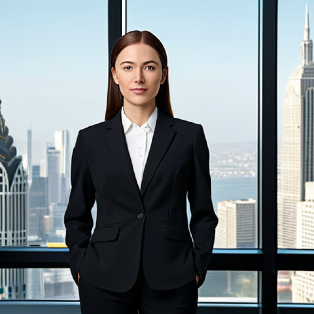 **
A professional businesswoman in a tailored black suit, standing confidently in a modern office with large windows overlooking a cityscape. She is fully clothed, wearing modest attire, and has perfect anatomy. The scene should convey professionalism and success. Appropriate content, safe for work.
**