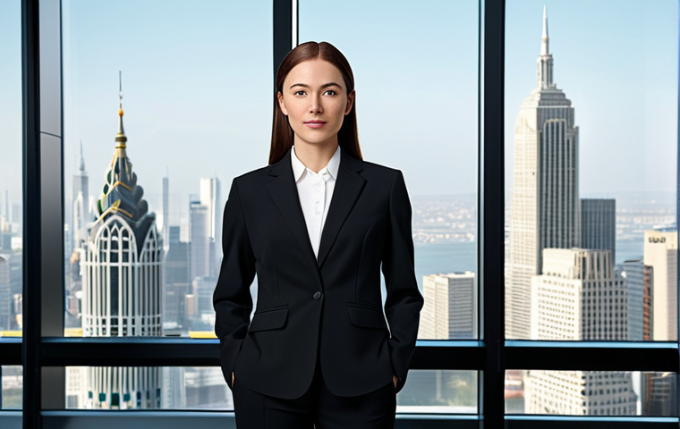 **

A professional businesswoman in a tailored black suit, standing confidently in a modern office with large windows overlooking a cityscape. She is fully clothed, wearing modest attire, and has perfect anatomy. The scene should convey professionalism and success. Appropriate content, safe for work.

**