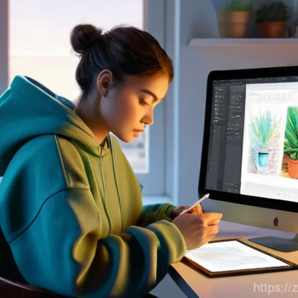 디지털아트 소프트웨어 비교 - **Prompt 1: The Focused Digital Illustrator**
A young female digital illustrator, aged 20-30s, w...