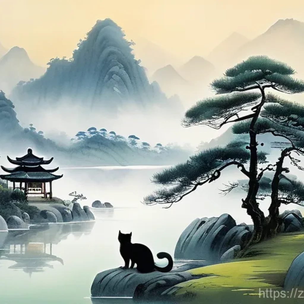 AI 아트 윤리적 논란 - The Scholarly Cat in a Misty Shan Shui Landscape**
A charming, fluffy cat, wearing small, round, an...