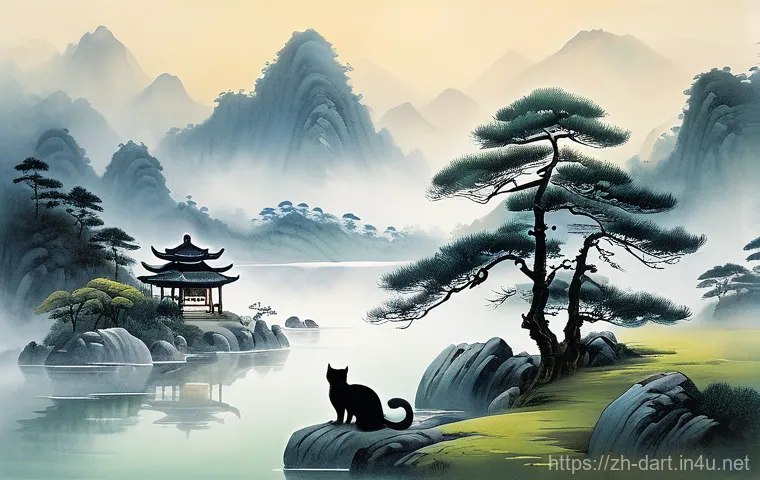 AI 아트 윤리적 논란 - The Scholarly Cat in a Misty Shan Shui Landscape**

A charming, fluffy cat, wearing small, round, an...