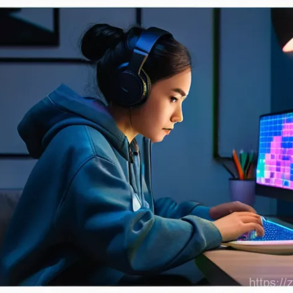 픽셀아트 도트 크기 설정 방법 - **Prompt:** A young woman, an experienced pixel artist, sits intently at her computer desk, illumina...
