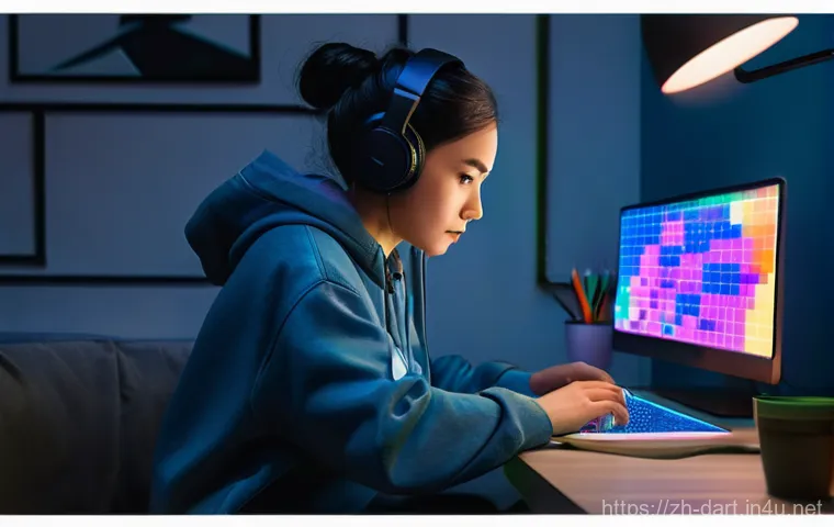 픽셀아트 도트 크기 설정 방법 - **Prompt:** A young woman, an experienced pixel artist, sits intently at her computer desk, illumina...