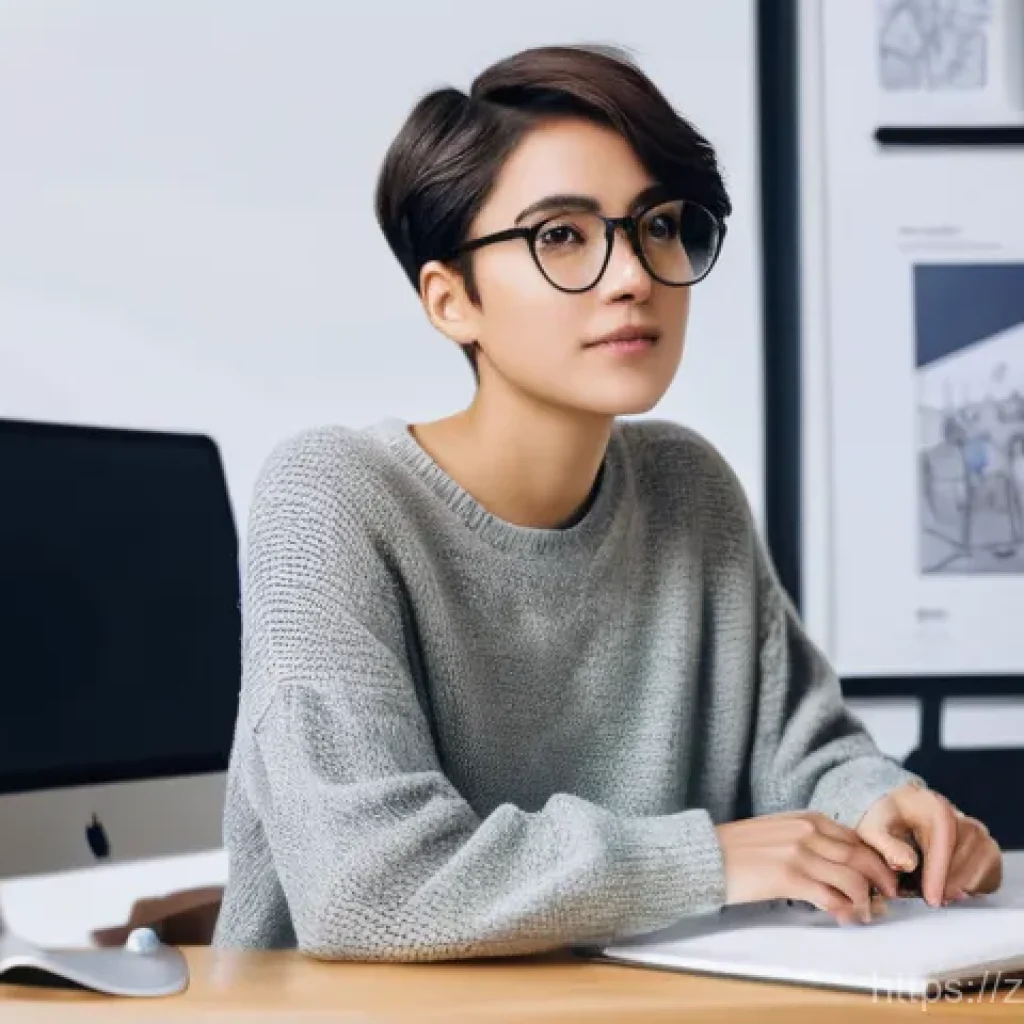 디지털아트 크라우드펀딩 활용법 - **Prompt:** A young, determined female digital artist, mid-20s, with short, stylish hair, sits at a ...