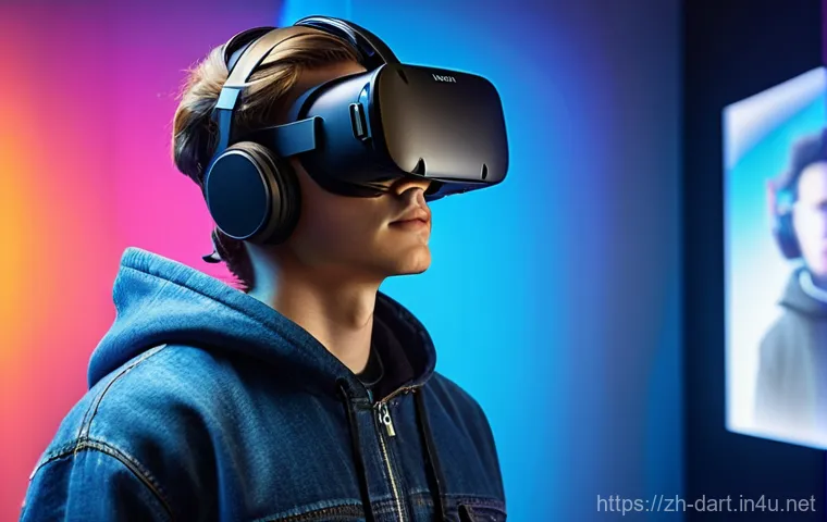 디지털아트 전시회 온라인 개최법 - **Prompt 1: Immersive Virtual Reality Art Experience**
    A young person, around 18-20 years old, w...