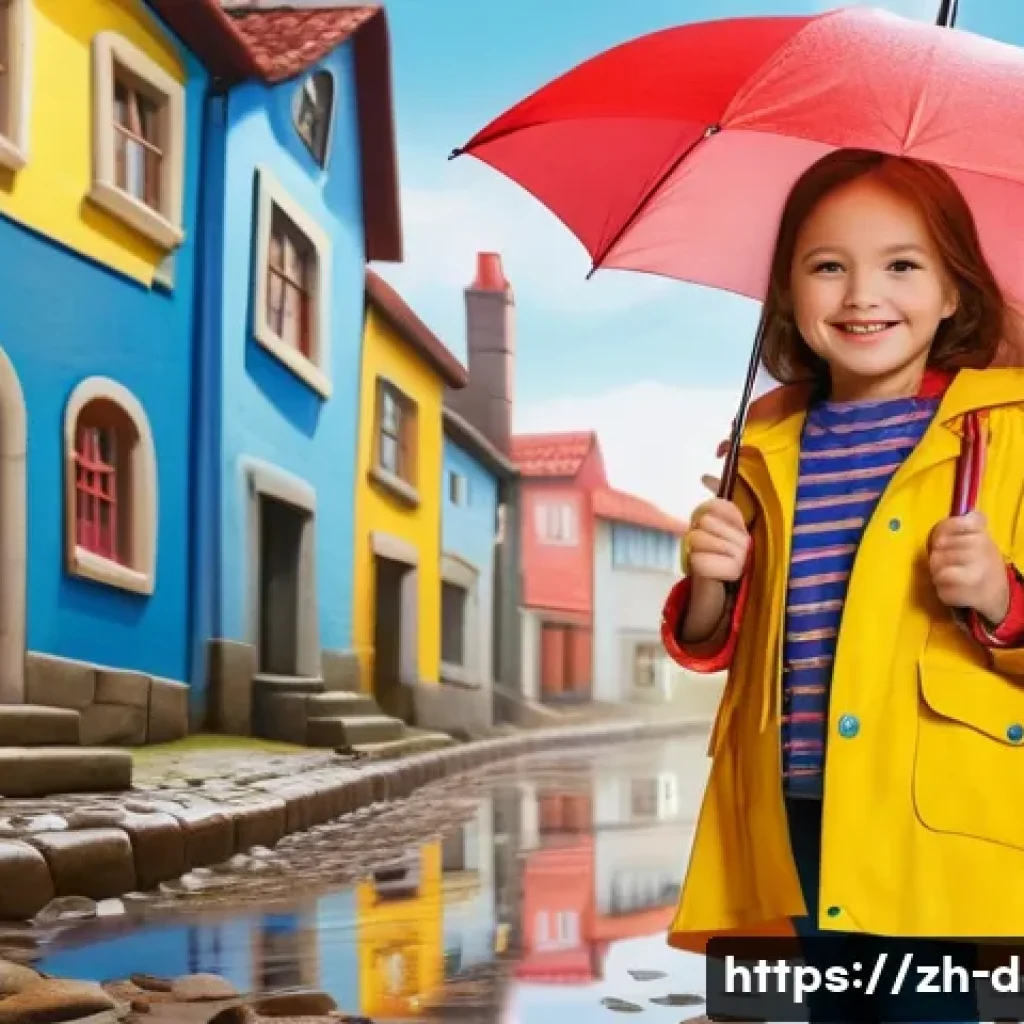 디지털아트 포트폴리오 제작법 - **Prompt:** "A young girl, around 7 years old, wearing a bright yellow raincoat and blue rubber boot...