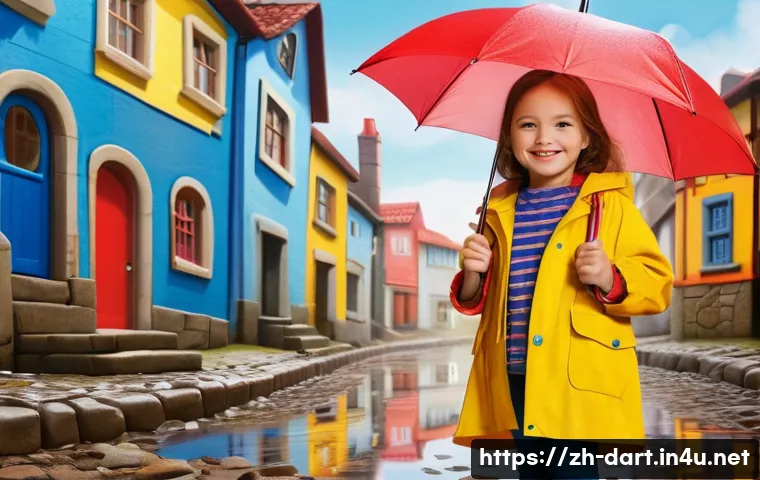 디지털아트 포트폴리오 제작법 - **Prompt:** "A young girl, around 7 years old, wearing a bright yellow raincoat and blue rubber boot...