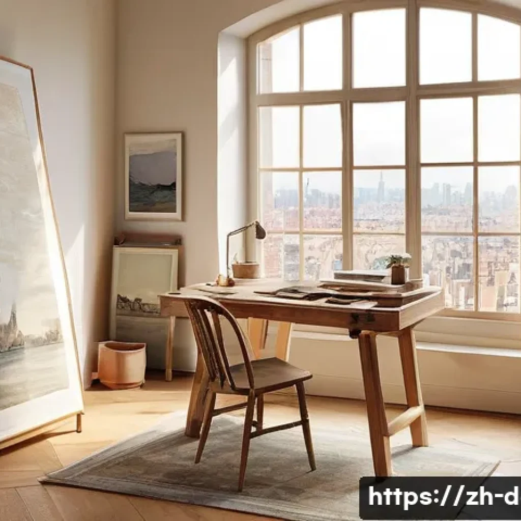 디지털아트에서 원근법 적용하기 - A cozy and brightly lit artist's studio, depicted with a strong one-point perspective. The viewer's ...