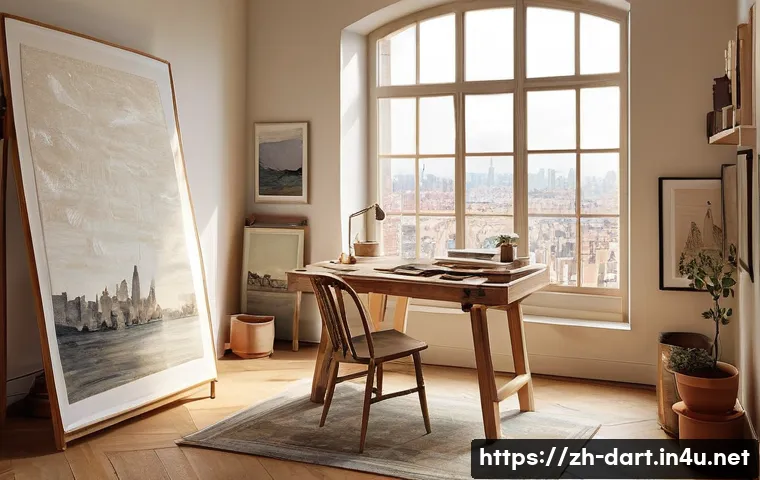디지털아트에서 원근법 적용하기 - A cozy and brightly lit artist's studio, depicted with a strong one-point perspective. The viewer's ...