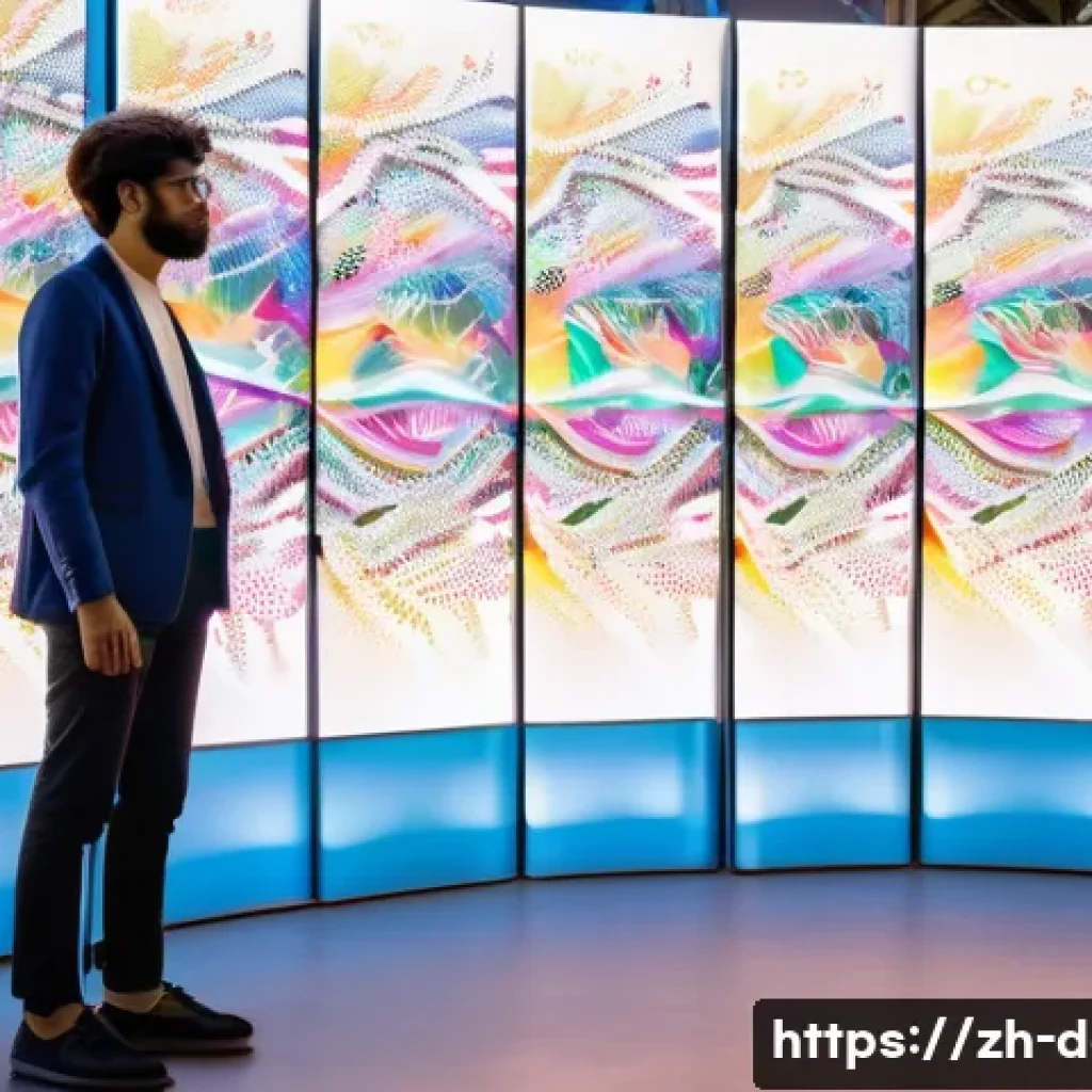 디지털아트 해외 아트페어 참가법 - **Prompt:** "A vibrant, wide shot of a contemporary digital art exhibition space at an international...