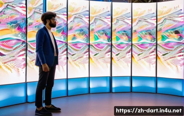 디지털아트 해외 아트페어 참가법 - **Prompt:** "A vibrant, wide shot of a contemporary digital art exhibition space at an international...