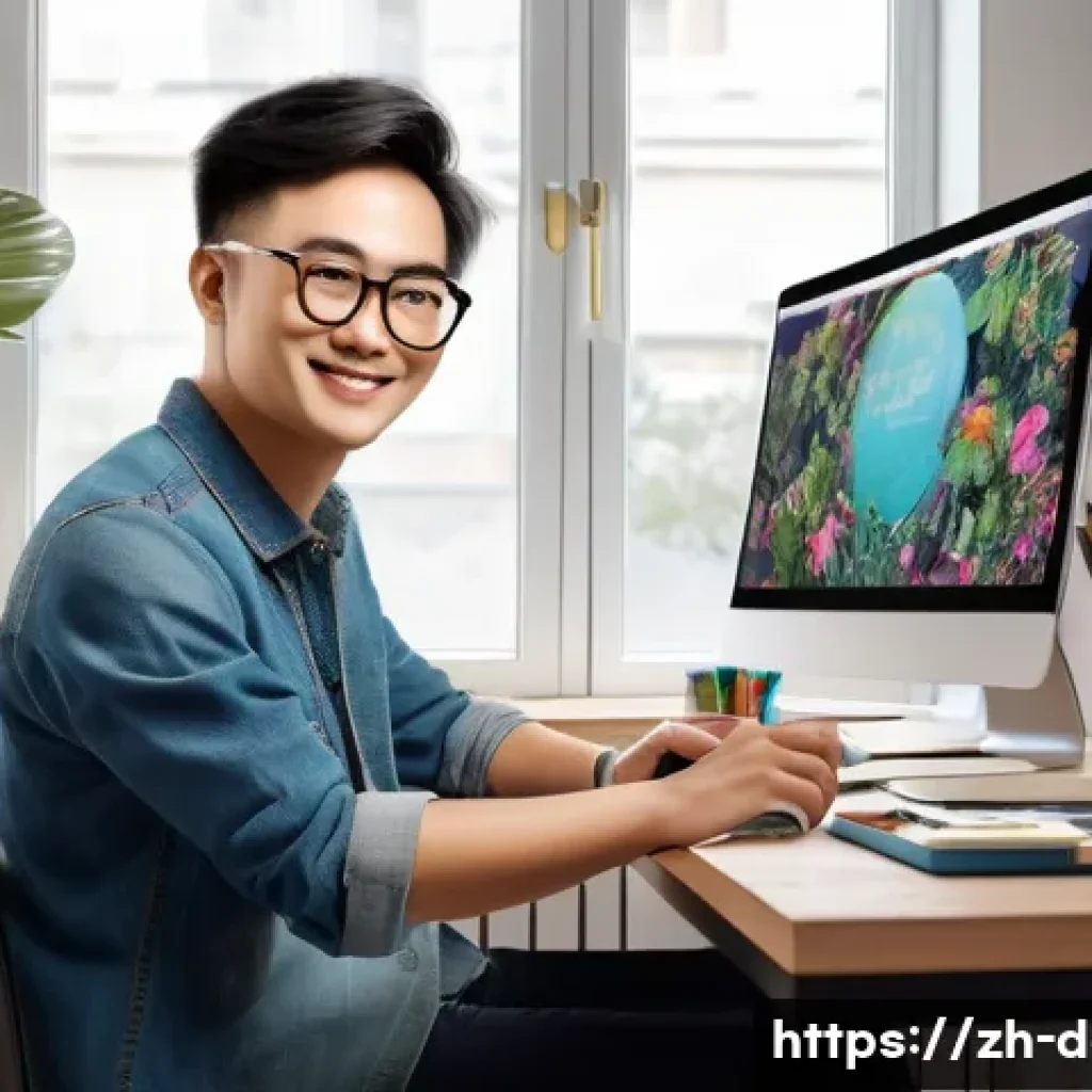 트위터에서 아트 프로모션하는 법 - A modern digital artist workspace scene featuring a young Chinese artist in casual clothes, wearing ...