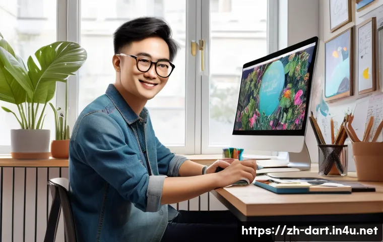 트위터에서 아트 프로모션하는 법 - A modern digital artist workspace scene featuring a young Chinese artist in casual clothes, wearing ...