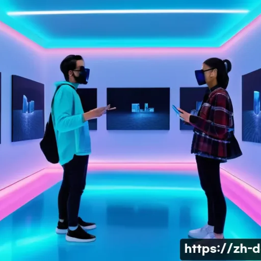 디지털아트 증강현실 AR 적용 사례 - A futuristic digital art exhibition featuring an augmented reality immersive installation inside a m...