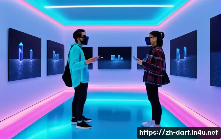 디지털아트 증강현실 AR  적용 사례 - A futuristic digital art exhibition featuring an augmented reality immersive installation inside a m...