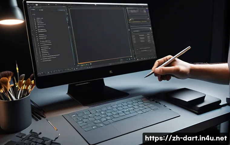 지브러시와 블렌더의 차이점 - A highly detailed digital sculpting workspace scene showcasing a professional artist&rsquo;s desk with a c...