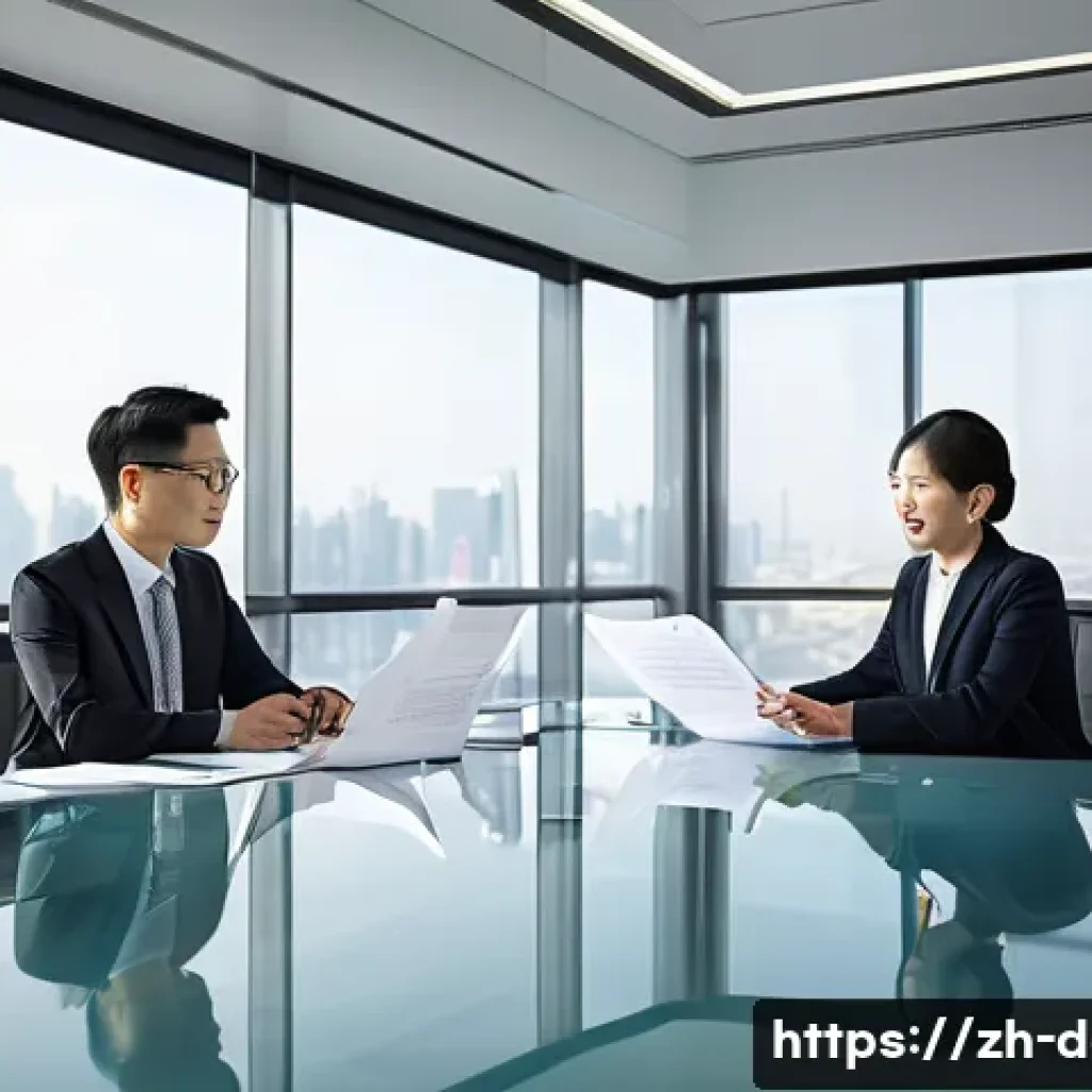커미션 계약서 작성 가이드 - A modern office scene showing two professional Chinese businesspeople sitting across a sleek glass t...