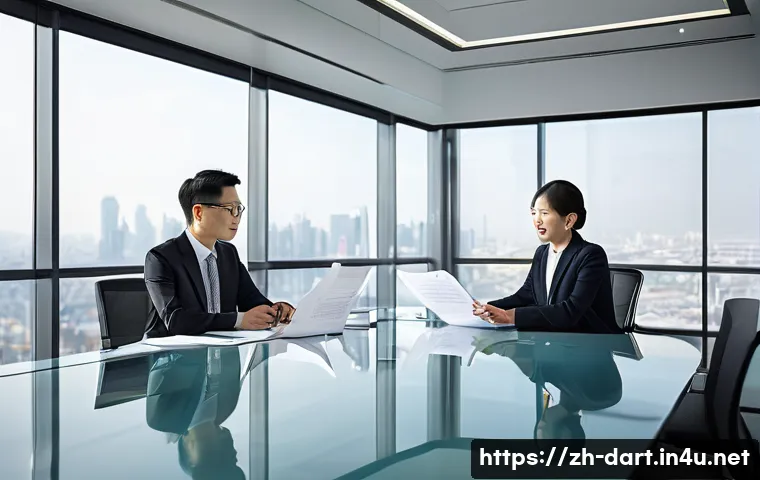 커미션 계약서 작성 가이드 - A modern office scene showing two professional Chinese businesspeople sitting across a sleek glass t...