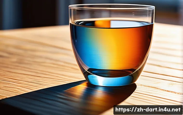 디지털아트 유리 재질 표현법 - A highly detailed digital painting of a transparent glass cup placed on a wooden table under warm su...