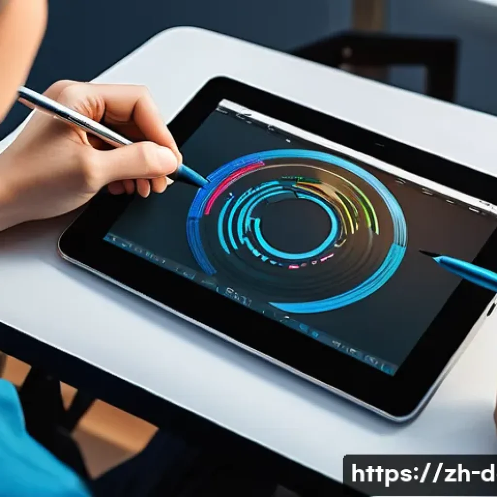 디지털아트 태블릿 필압 조절법 - A detailed digital artist’s workspace scene showing a modern drawing tablet with a stylus in hand, a...