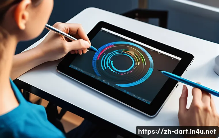 디지털아트 태블릿 필압 조절법 - A detailed digital artist&rsquo;s workspace scene showing a modern drawing tablet with a stylus in hand, a...
