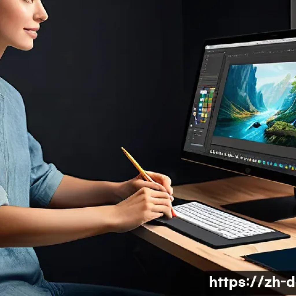디지털아트 작업 효율을 높이는 팁 - A modern digital artist workspace featuring a sleek drawing tablet with multi-touch support and a st...