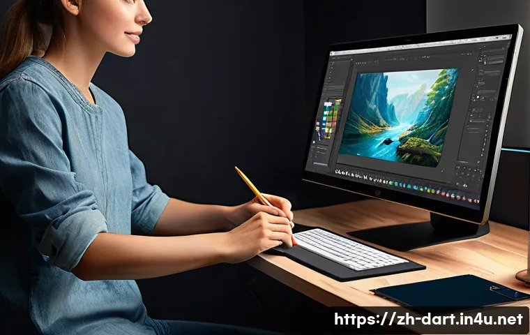 디지털아트 작업 효율을 높이는 팁 - A modern digital artist workspace featuring a sleek drawing tablet with multi-touch support and a st...