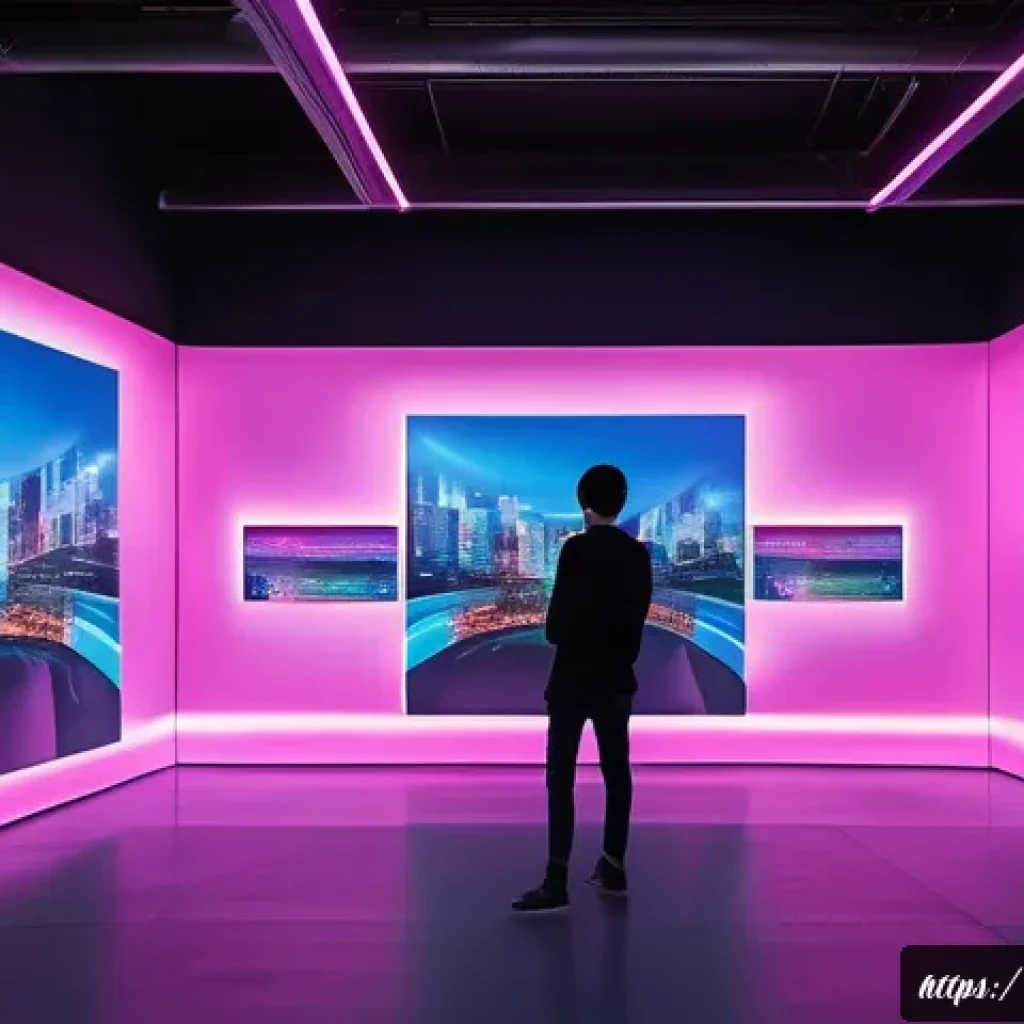 디지털아트 메타버스 아트워크 - A futuristic virtual art gallery interior with immersive VR and AR elements, glowing holographic pai...