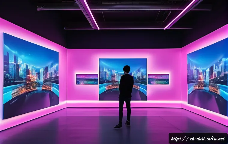 디지털아트 메타버스 아트워크 - A futuristic virtual art gallery interior with immersive VR and AR elements, glowing holographic pai...