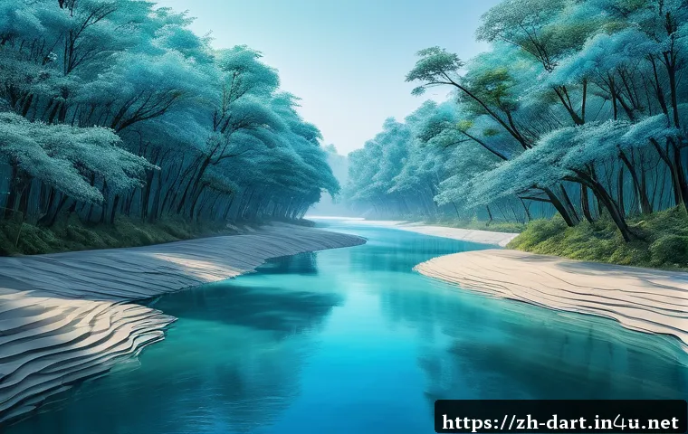 디지털아트 물 표현하는 방법 - A realistic digital painting of a gently flowing river scene under soft natural light, showcasing de...