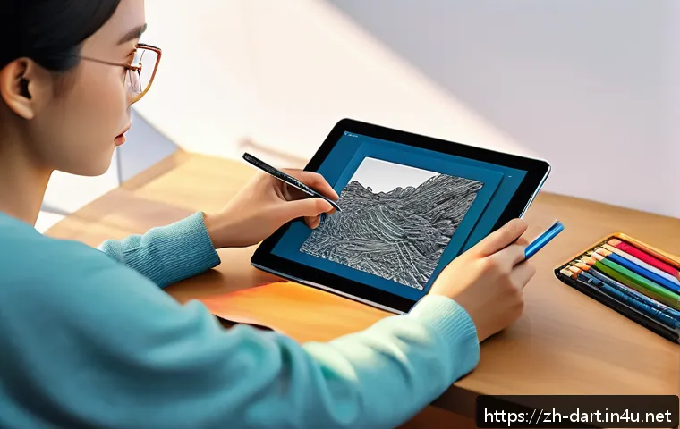 디지털아트 역사 - A detailed digital artist's workspace featuring a modern drawing tablet and stylus pen, showing real...