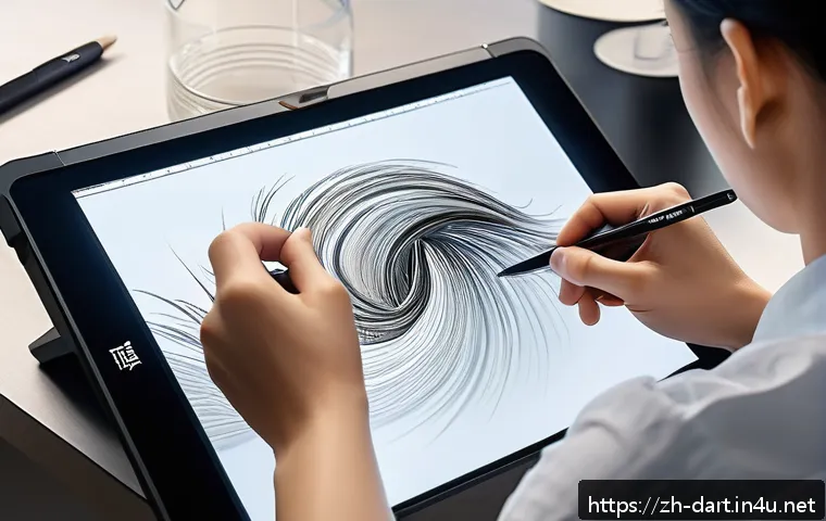 디지털아트에서의 필압 조절법 - A detailed digital painting workspace scene showing a professional artist using a high-end graphics ...