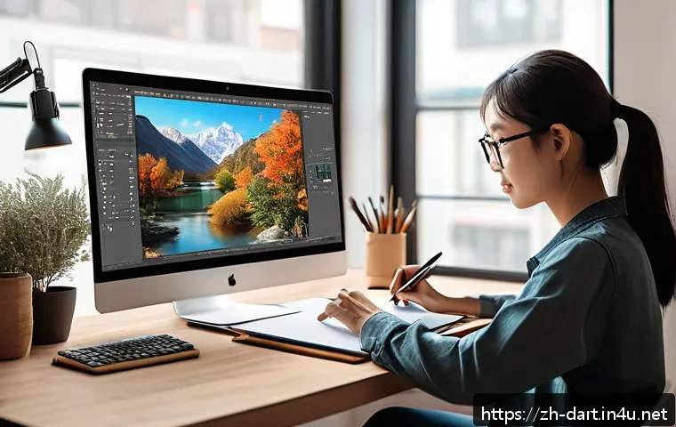 디지털아트 프리랜서 가이드 - A modern digital artist workspace featuring a sleek drawing tablet like a Wacom or Huion, a high-col...