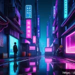 디지털아트 네온 조명 효과 적용법 - A futuristic cyberpunk cityscape at night, featuring vibrant neon lights in electric blue, hot pink,...