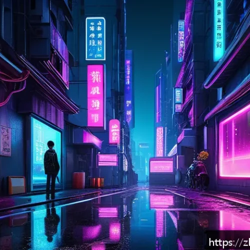 디지털아트 네온 조명 효과 적용법 - A futuristic cyberpunk cityscape at night, featuring vibrant neon lights in electric blue, hot pink,...