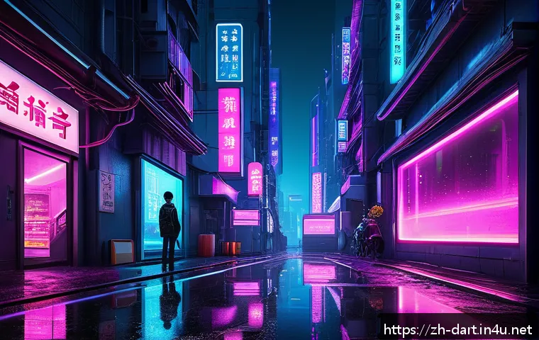 디지털아트 네온 조명 효과 적용법 - A futuristic cyberpunk cityscape at night, featuring vibrant neon lights in electric blue, hot pink,...