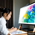 디지털아트 프리랜서로 성공하는 법 - Photorealistic cinematic scene of a successful digital art freelancer working in a bright modern stu...