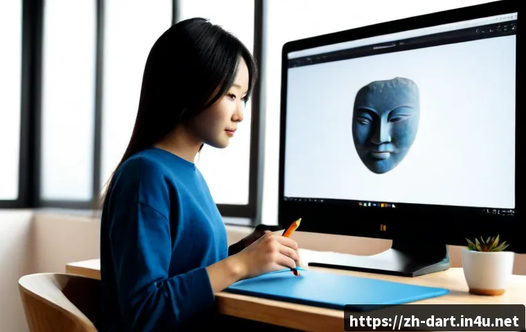 3D 모델링과 디지털아트 융합 - Photorealistic creative studio scene, a digital artist using a stylus tablet beside a large monitor ...